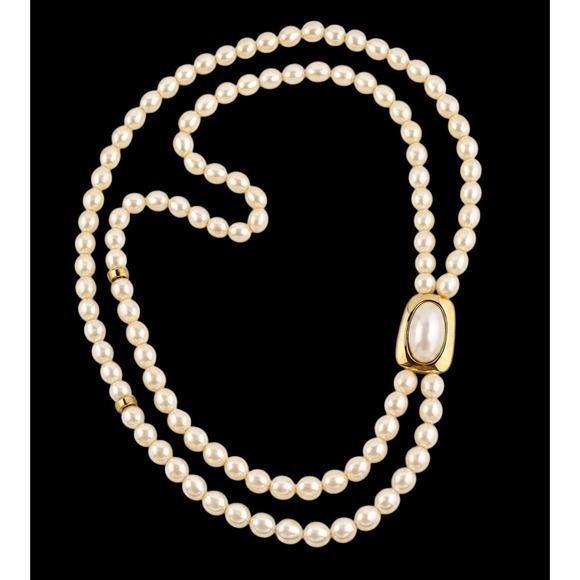 Trifari Jewelry - Trifari Kunio Matsumoto Faux Baroque Pearl Double Strand Gold Pendant Necklace